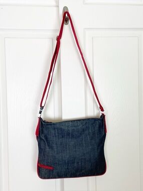 VINTAGE Prada Denim Crossbody Bag Red Leather Trim Y2K Canvas Messenger 4VA433